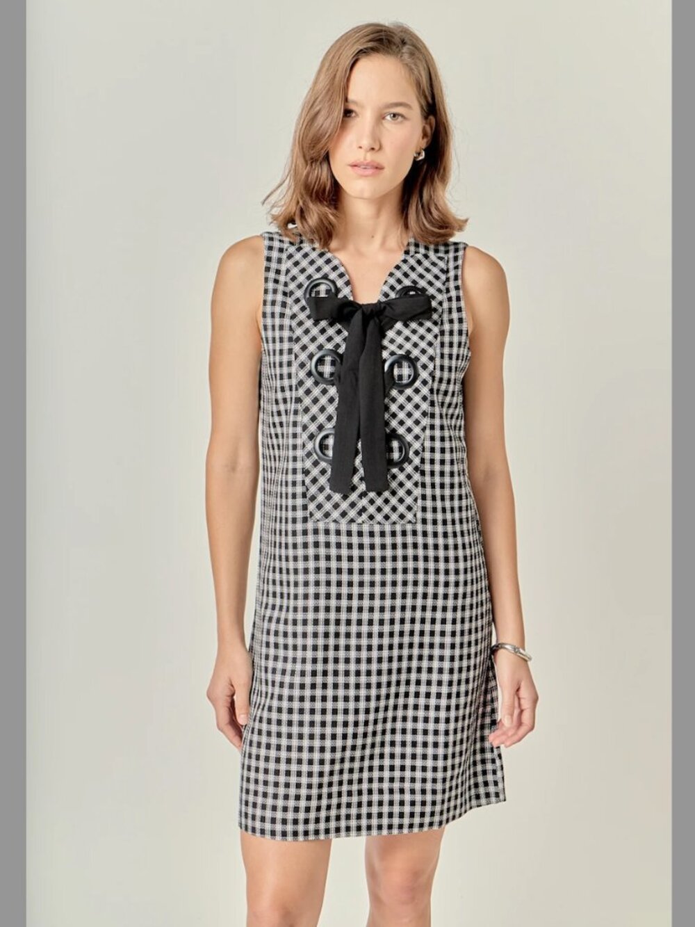 English Factory Check Grommet Lace-Up Mini Dress S